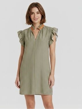 THML Emily Olive & White Striped Flutter Sleeve Mini Dress